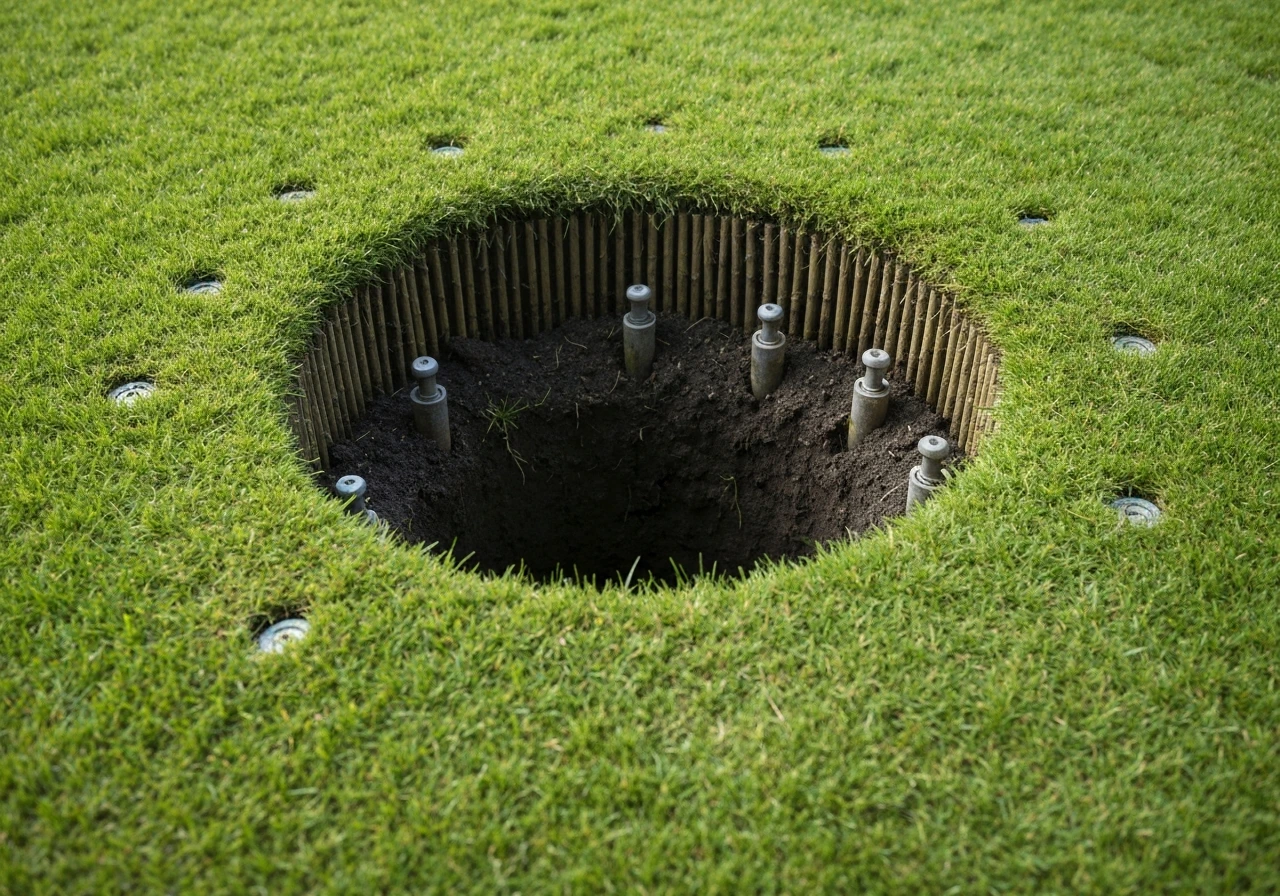 Beluchtingsprikwerk met pluggen uit de grond: zichtbare gaten en uitgehaalde grondpropjes opzij.