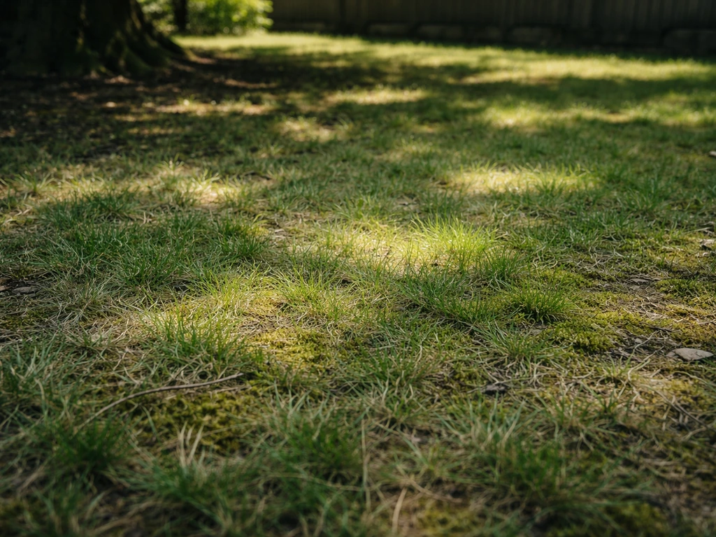 Schaduwrijk gazon onder een boom met dunner, lichter groen gras en mosaccenten tussen de sprieten.