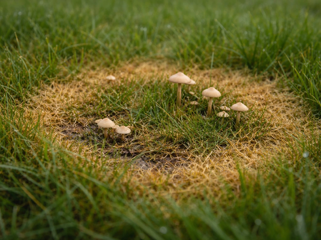 Close-up van ringvormige verkleuringen in het gazon met kleine paddenstoelen.