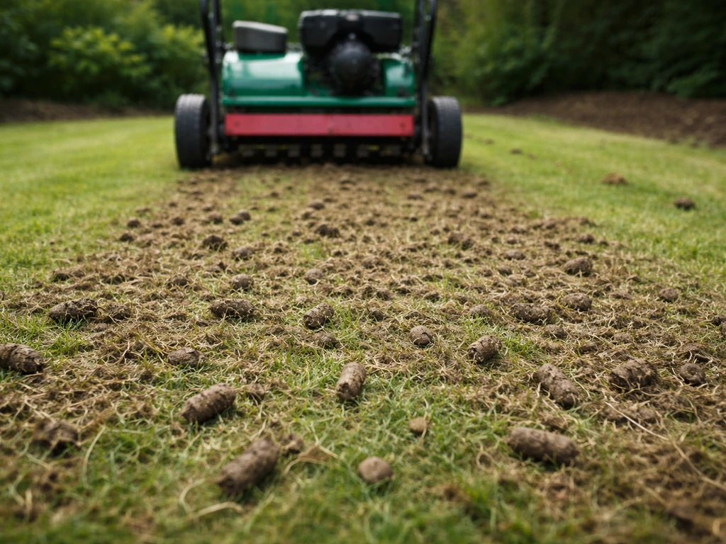 Tuinier doorlucht/verticuteert gazon; beluchtingsmachine maakt kleine plugjes en inkepingen in de bodem.