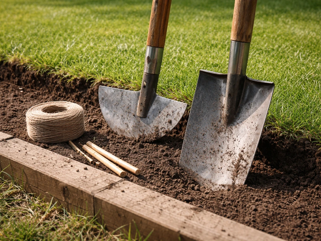 Kantensteker, spade en markeringstouw naast een gazonrand, klaar om een strakke tuinborder te steken.