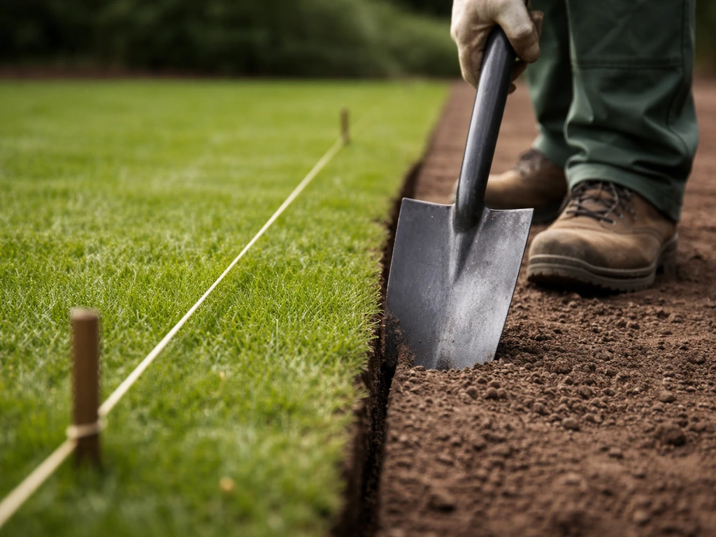 Close-up van een anonieme tuinman die loodrecht in de graszode steekt langs een strak gespannen touw, zonder rafels.