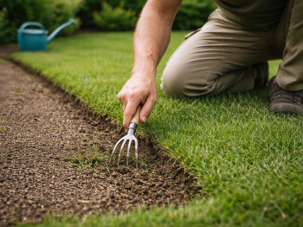 Tuinier verwijdert los gras na het snijden, met een nette grasrand en ingezaaid stuk bij de eerste watergift.