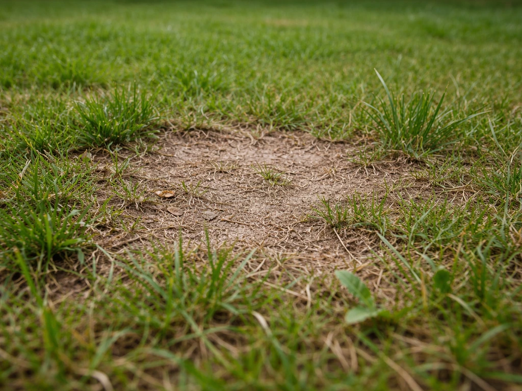 Close-up van een gazon met een kale/lichte plek waar het gras bijna niet meer groeit.