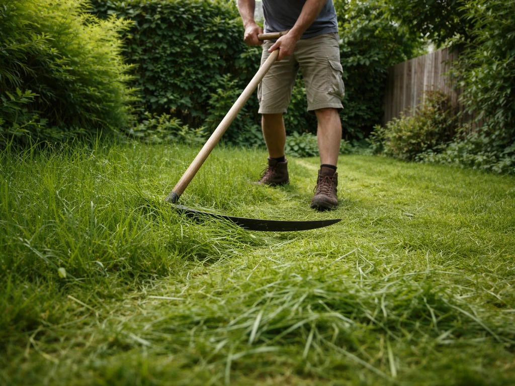 Tuinfoto: een maaier/zeis maait het gras vóór iemands voeten weg, met zichtbare grasresten op het gazon.