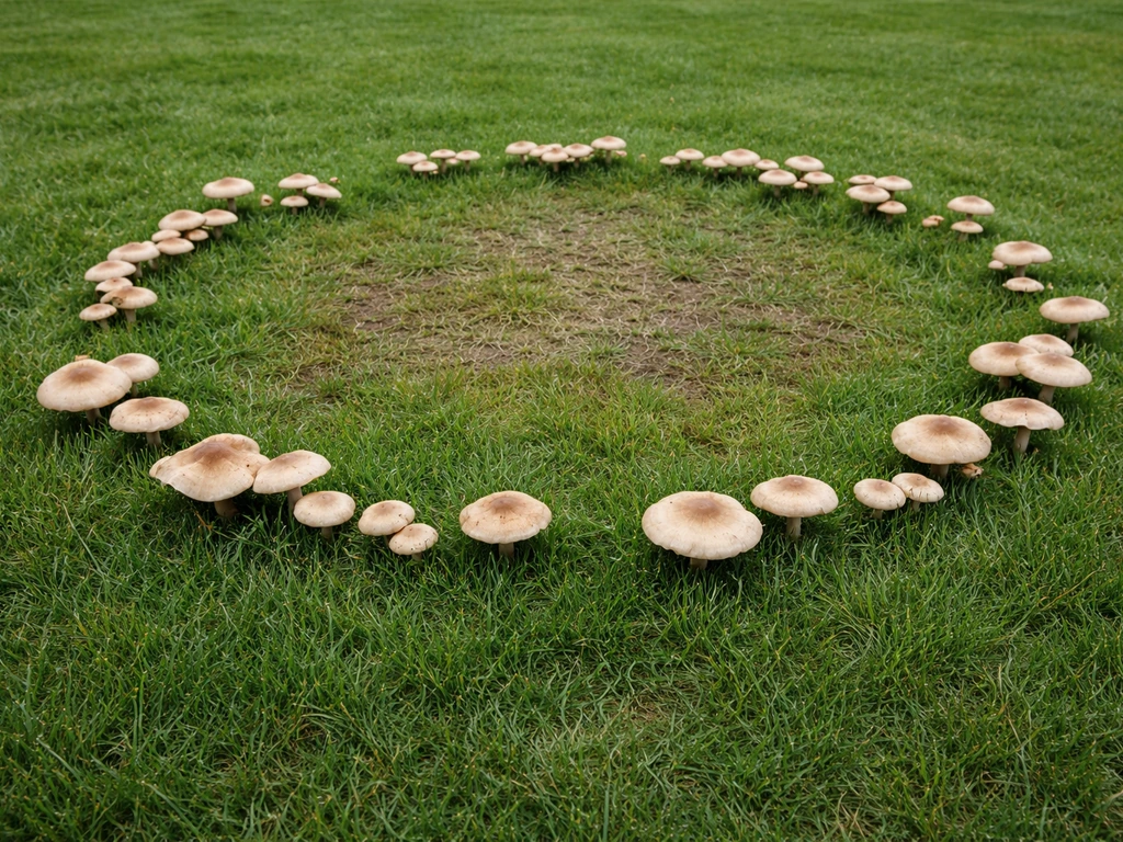 Ringvormige paddenstoelen in een gazon met gras eromheen en een lichte kale plek in het midden.
