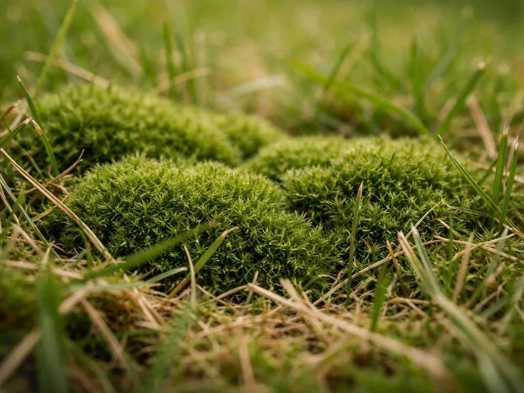 Close-up van donkergroene mosplukken in het gazon, met weinig/klein gras ertussen.