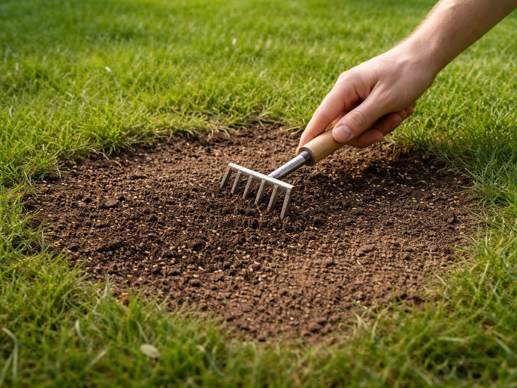 Hark en graszaad op een kale plek in het gazon, met deels open bodem tijdens het doorzaaien.