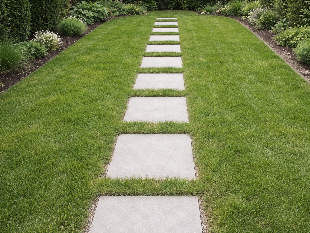 Staptegels in een gazon vormen een rustige looproute met gras tussen de tegels in een Nederlandse tuin.