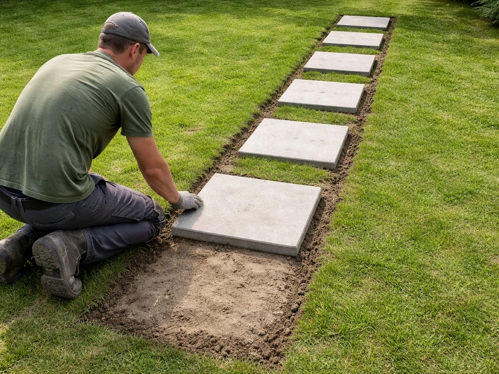 Tuinier/klusser markeert en plaatst meerdere staptegels in het gazon, met uitgegraven fundering zichtbaar