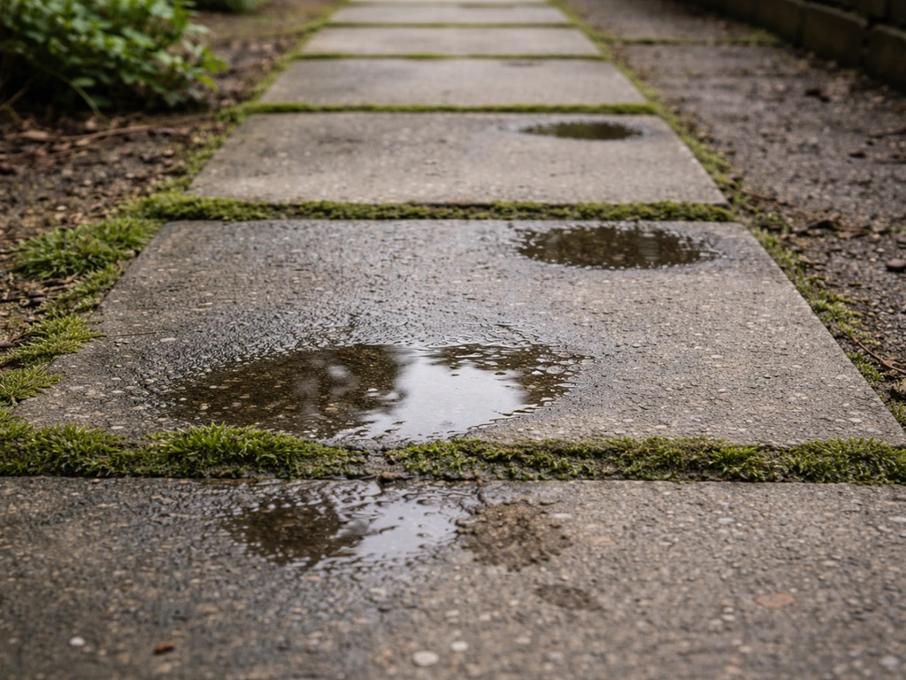 Close-up van staptegels met groene mosrand en watervlekken door onvoldoende afwatering.