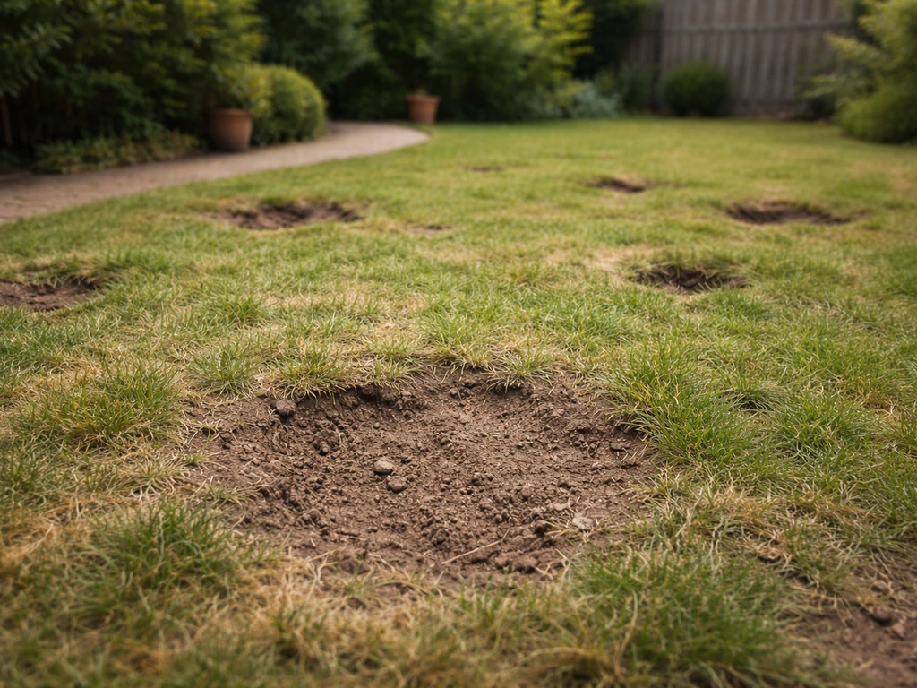 Nederlands gazon met meerdere kuilen en kale plekken, met focus op beschadigde grasmat in de tuin.