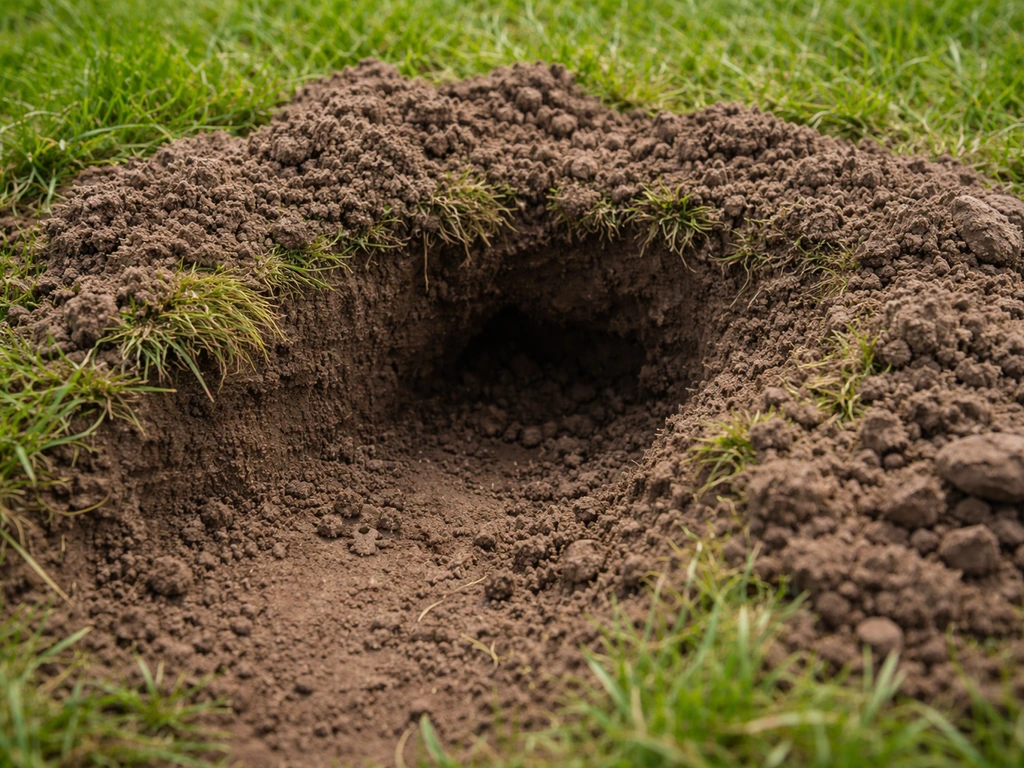 Close-up van een nieuw gat in het gazon met losse aarde en zichtbare sporen in de zachte grond.