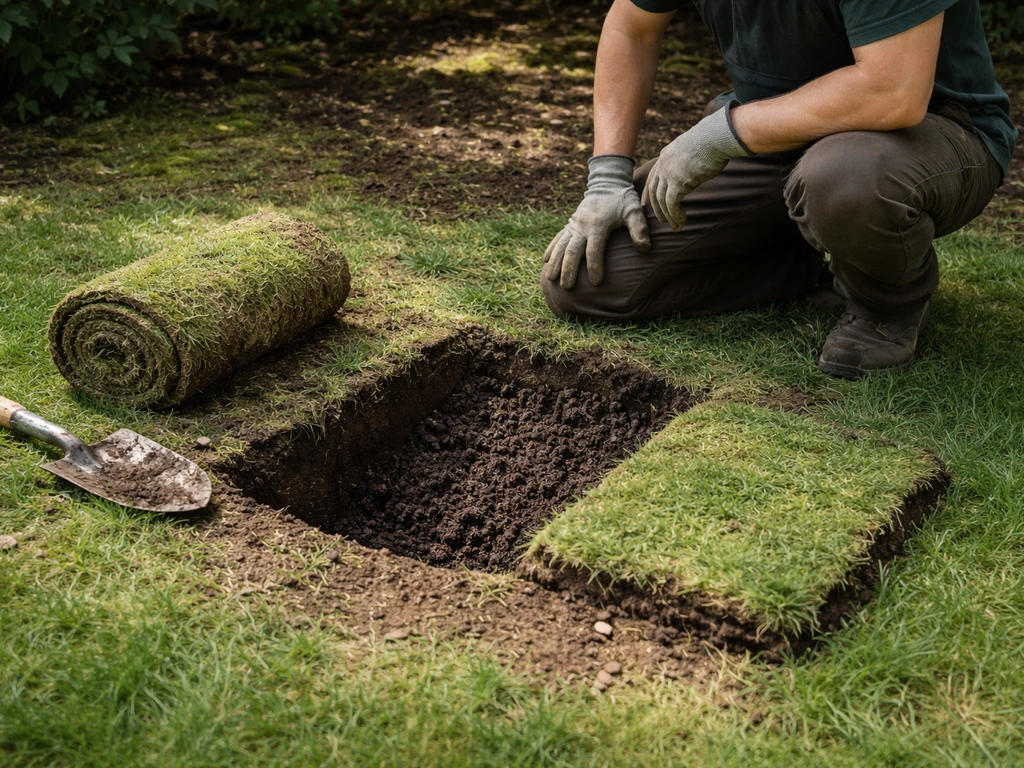 Knieende tuinier met schep bij een uitgegraven gat in het gazon, deels gevuld met teelaarde en teruggelegde zode.