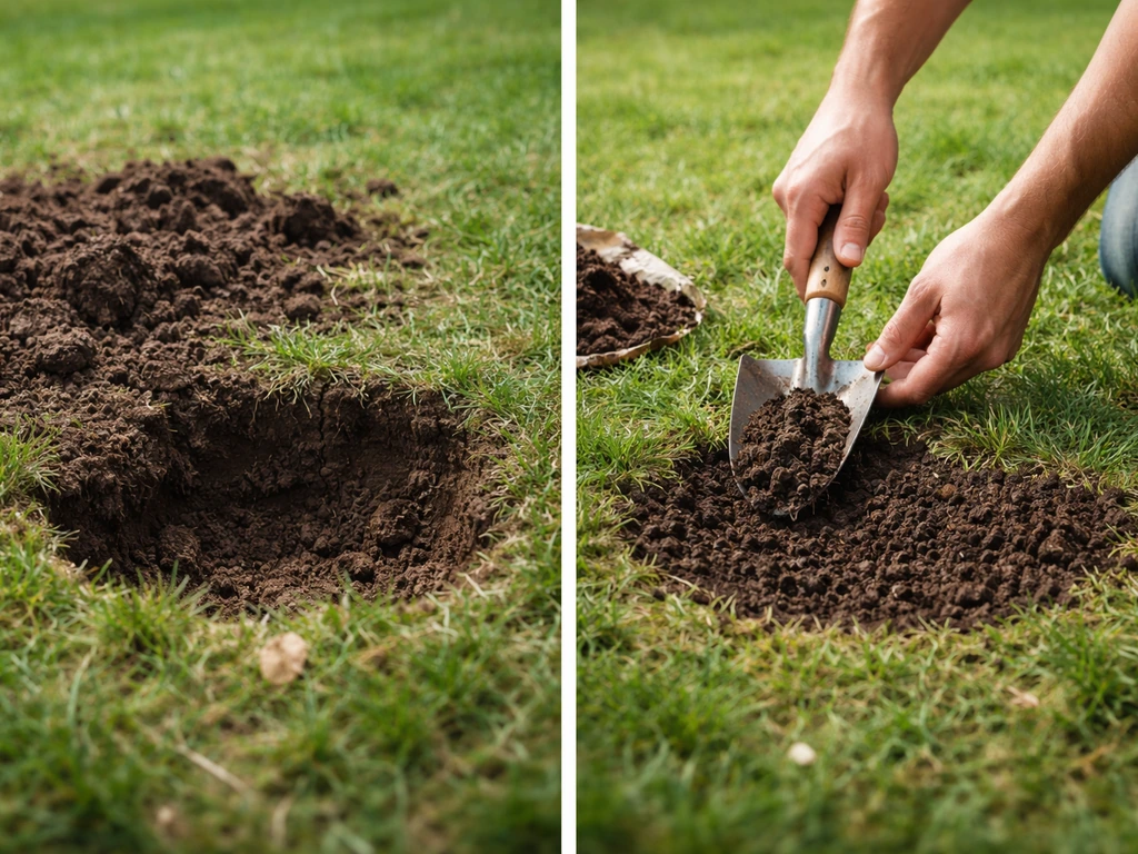 Handen en schep bij een omgewoeld gat in het gazon: links ‘voor’, rechts vulling met teelaarde en compost.