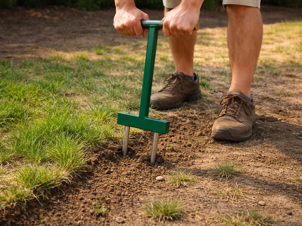 Handen en beluchter die een gazon prikken, met groen en bruine verdichte plekken in de grond.