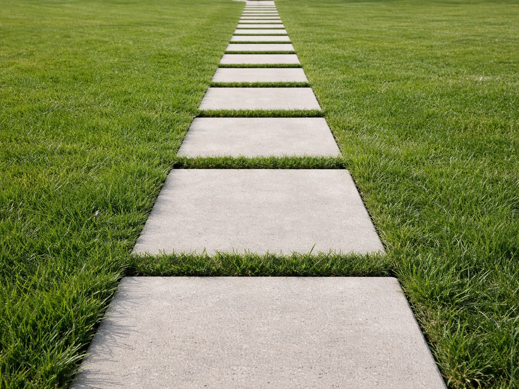 Strak pad van staptegels in een groen gazon, vanuit ooghoogte met nette, vlakke voegen en geen verzakking.