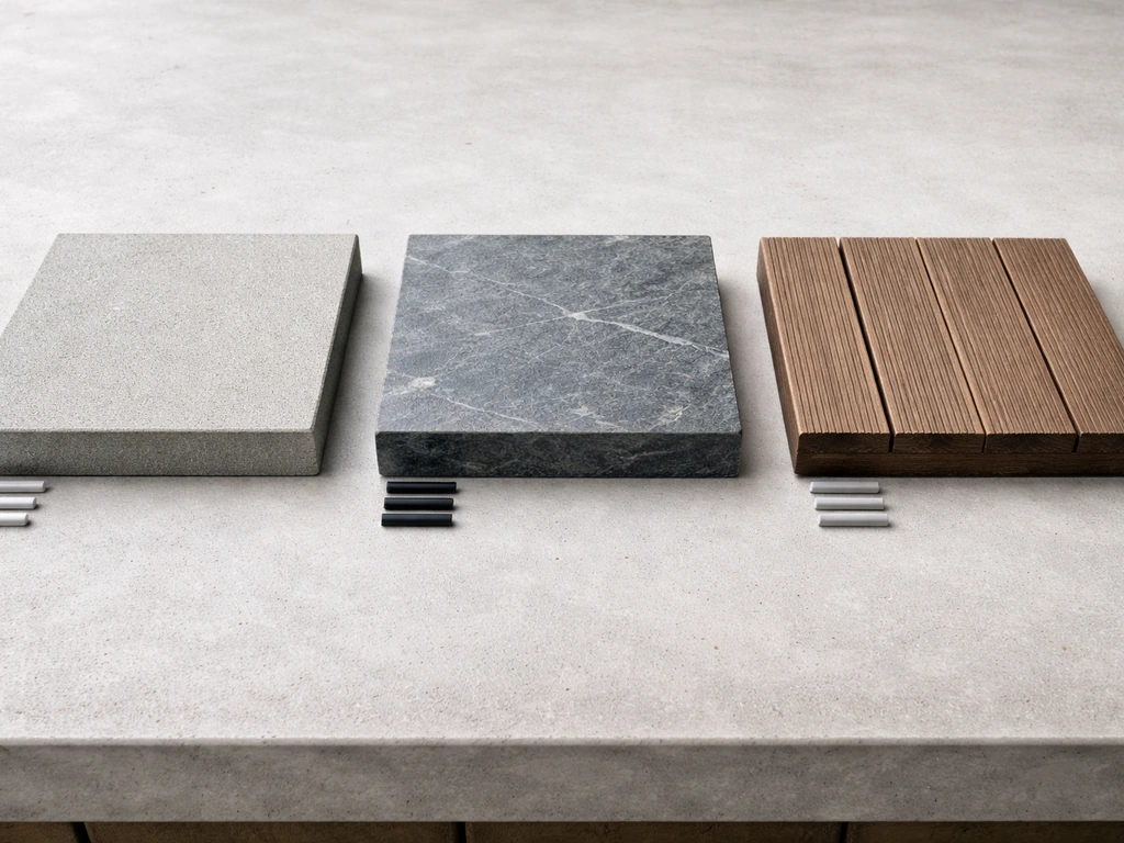 Drie staptegels (beton, natuursteen en hout/composiet) naast elkaar met subtiele diktecontext.
