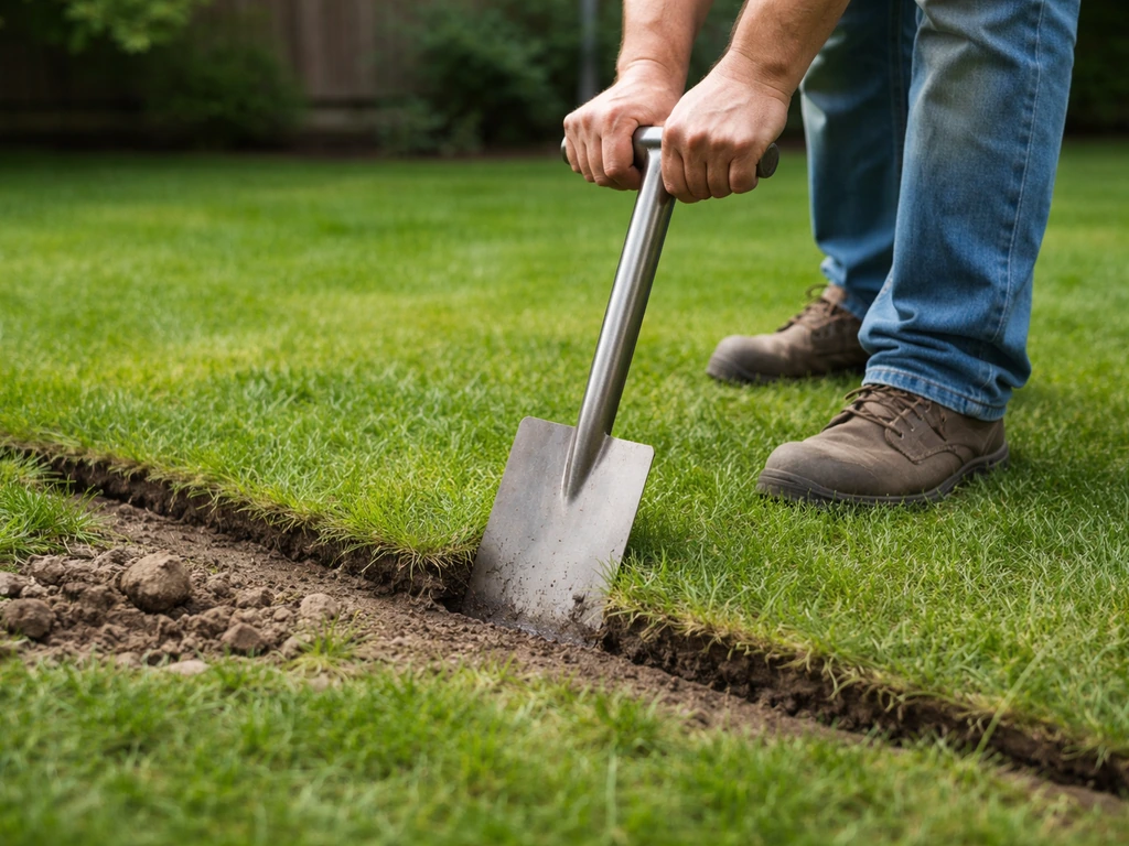 Tuinman markeert met kantensteker de omtrek van een tegel op het gazon, met spade in een rustige tuin.