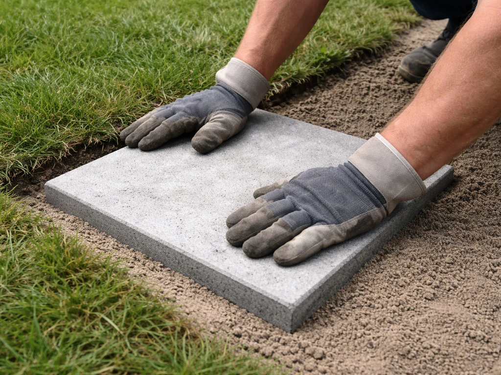 Werkhandschoenen leggen een staptegel in het verdichte zandbed in het gras, netjes uitgelijnd