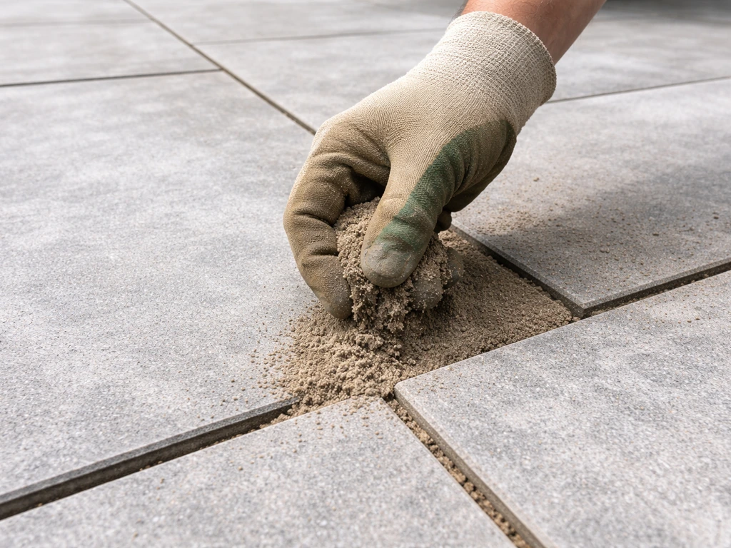 Close-up van tegelvoegen die worden gevuld met voegzand om mos en onkruid te voorkomen.