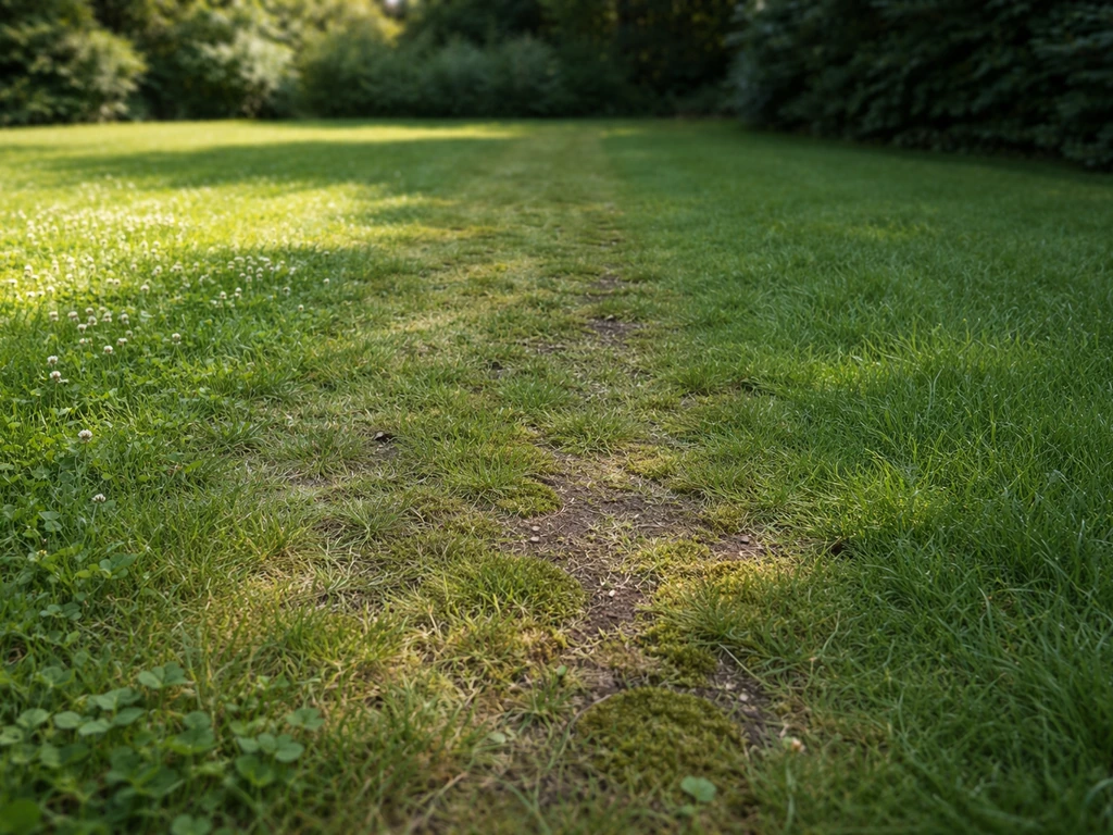 Overzicht van een gazon met meerdere zones: zonnige kale plekken, dichte schaduwplekken en klaver tussen het gras.