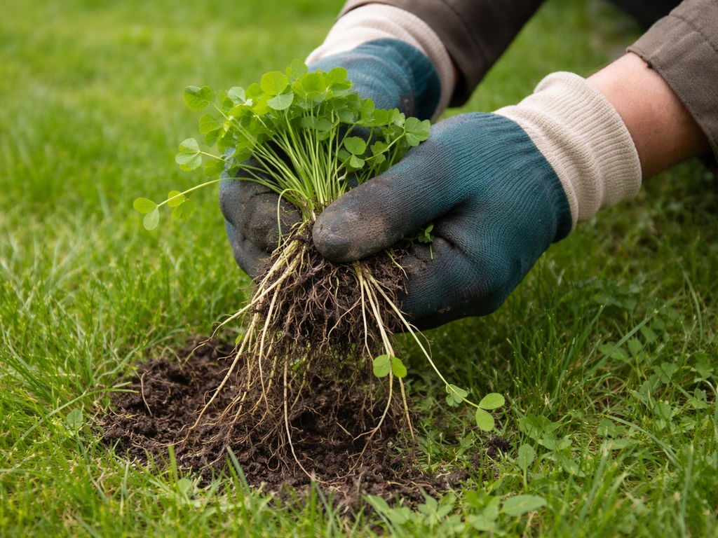 Handen met tuinhandschoenen trekken een klaverplant met wortels en stolonen uit het gras.