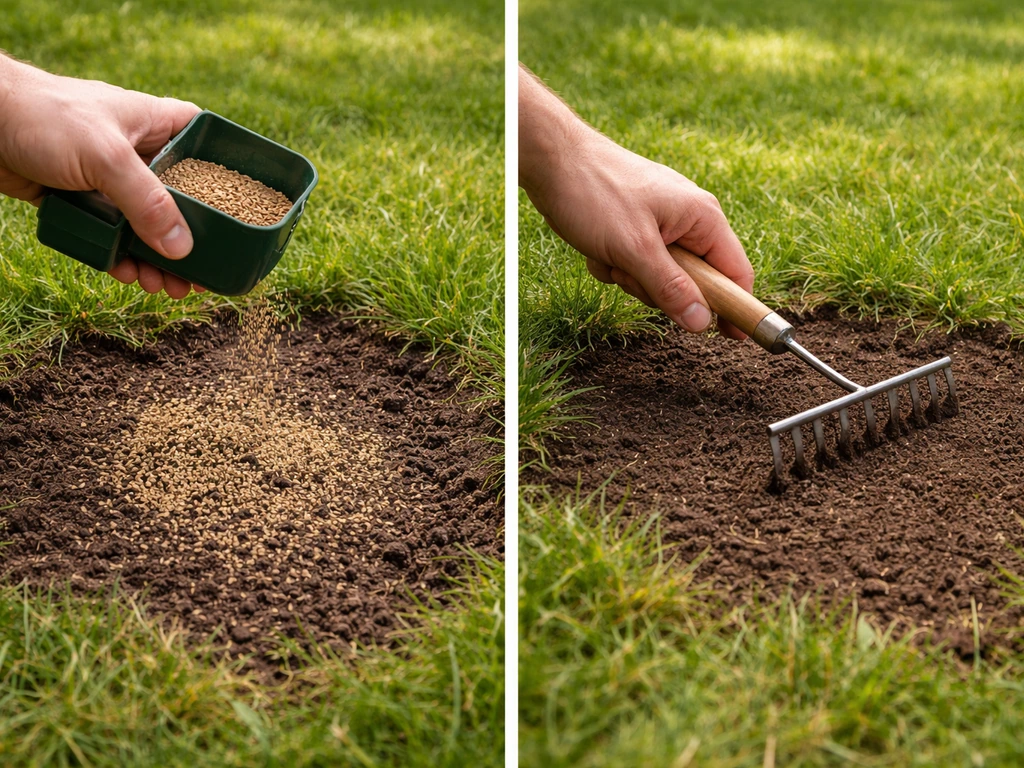 Anonieme hand zaait graszaad in een kale plek en harkt daarna licht af in het gazon.