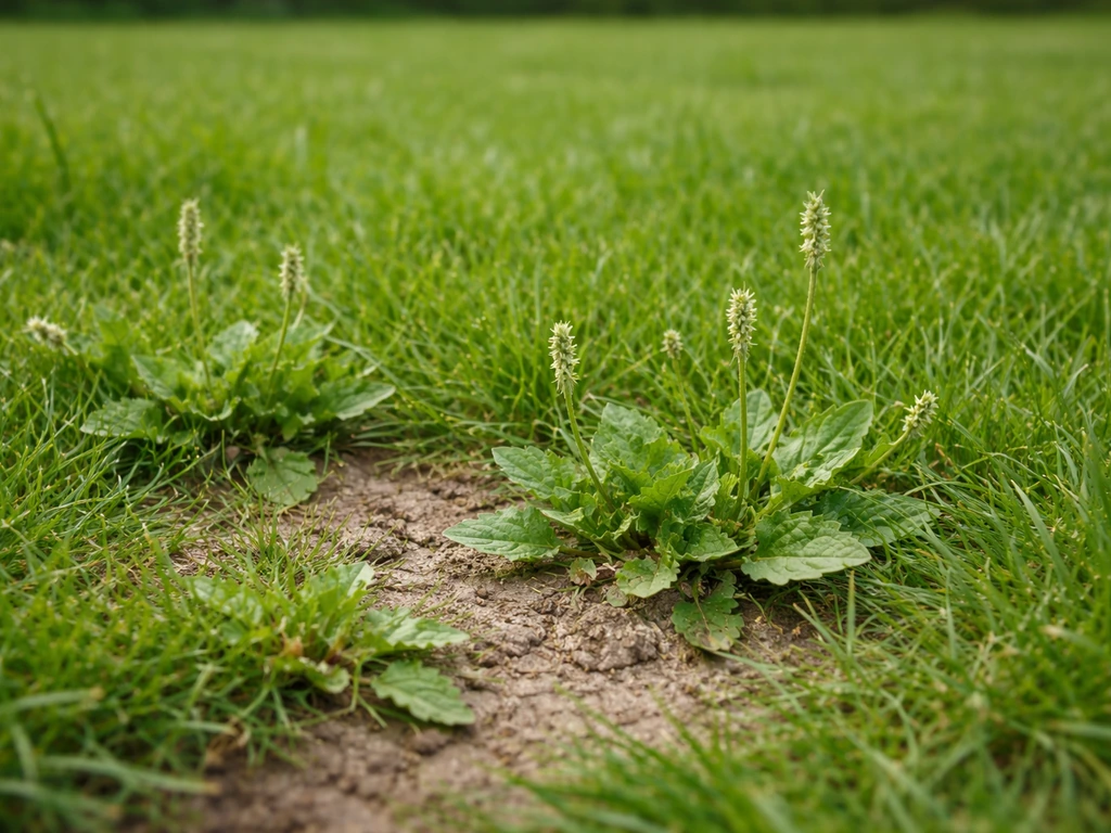 Compact gazon met zichtbaar onkruid tussen het gras, klaar om te herkennen en aan te pakken.