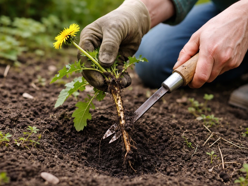 Anonieme handen trekken een paardenbloemwortel uit de grond met een smalle spade in de tuin.