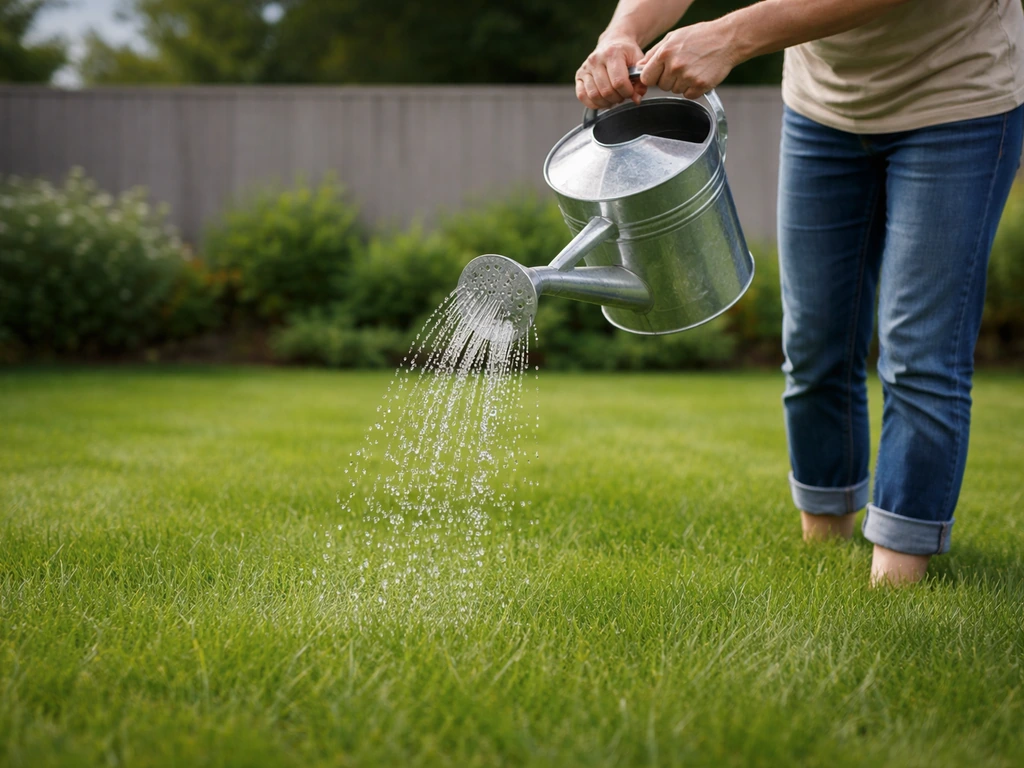 Anonieme handen die een gieter gebruiken om een groen gazon water te geven voor dichte, gezonde groei.