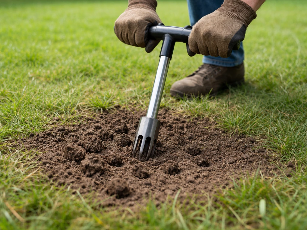 Tuinman die met een grondboor gaten prikt in verdichte gazonbodem voor beluchting