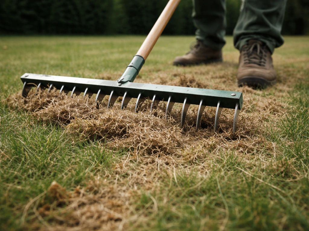 Close-up van een verticuteerhark die een dichte viltlaag insnijdt en los vilt tussen het gras laat zien.
