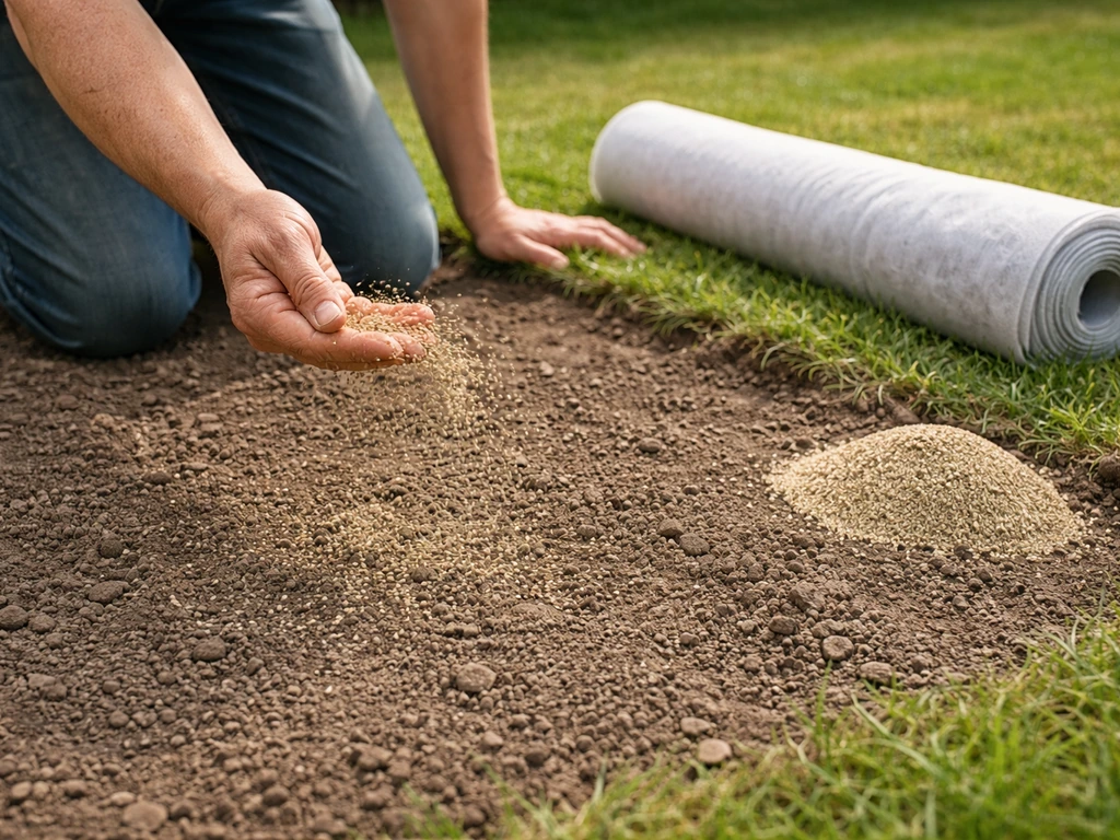 Tuinman die graszaad bijzaait op een aangeharkte kale plek, met afdekmateriaal op de bodem