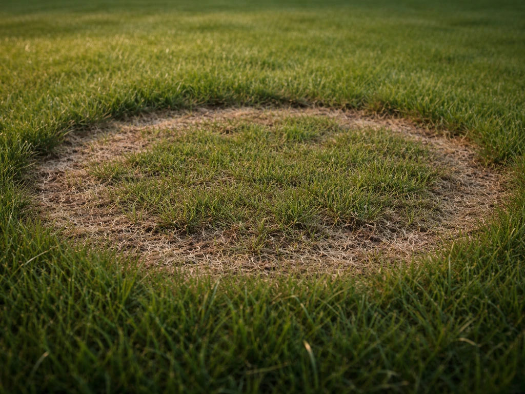 Close-up van een ring met dun of afgestorven gras in het gazon, duidelijk als heksenkring herkenbaar
