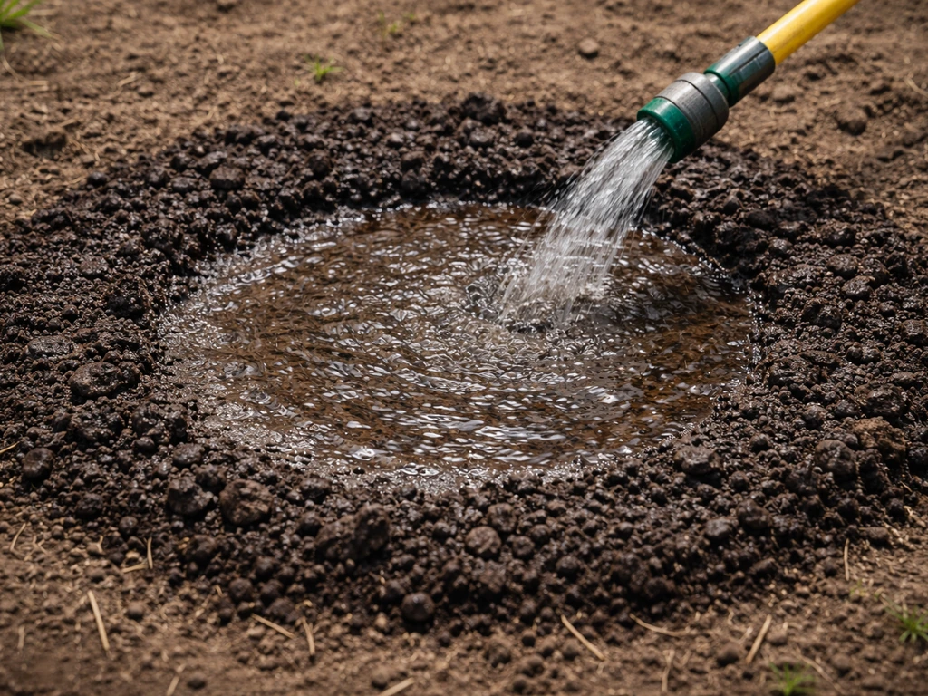 Doorweekte tuinaarde in een natte ring, met tuinslang of gieter die net water uitlaat.