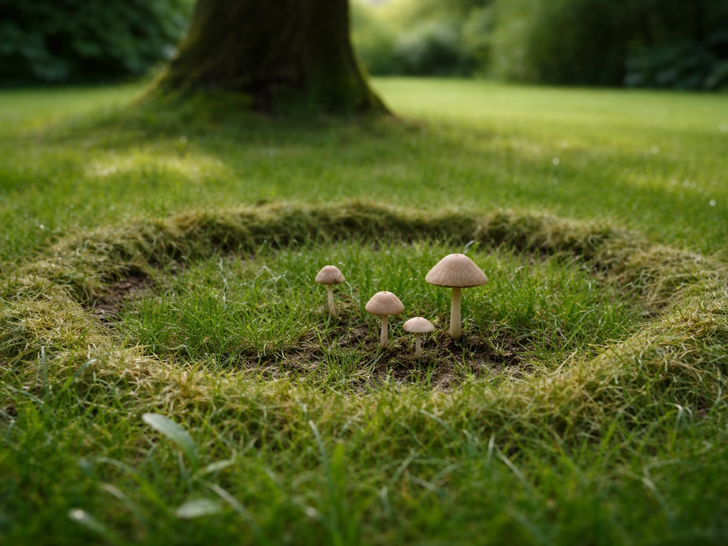Enkele kleine paddenstoelen in of net naast een grasring in de tuin, met natuurlijk licht en een rustige achtergrond.