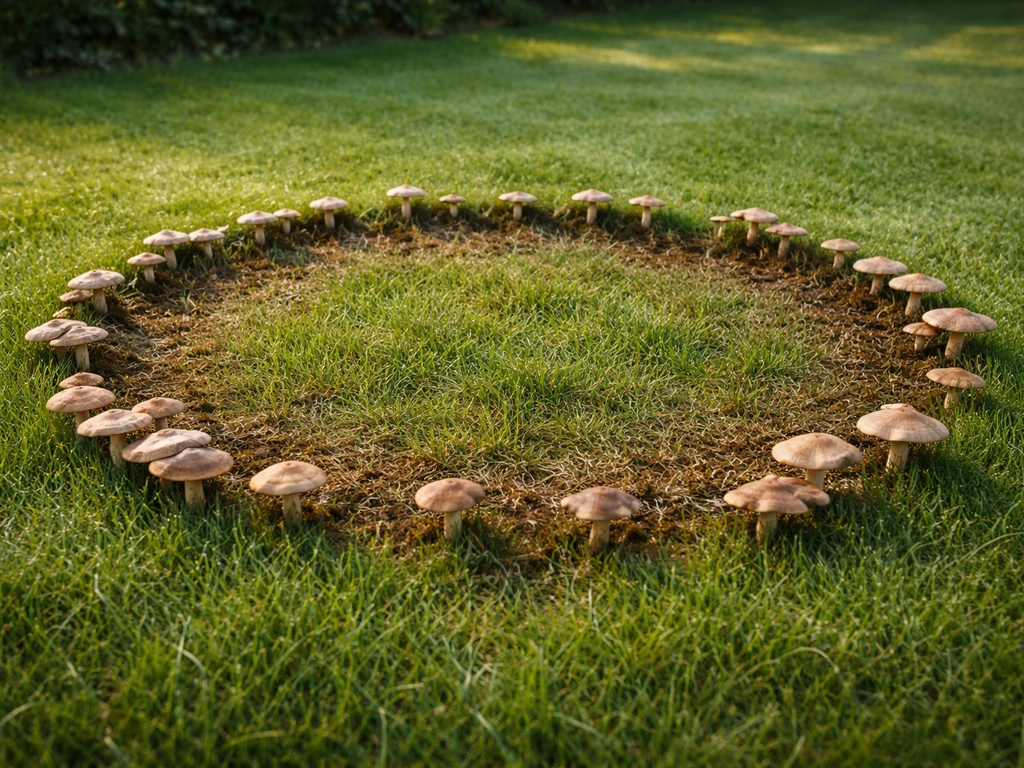 Een duidelijke paddenstoelenring in het gazon met afgestorven gras in de cirkel en gezond groen eromheen.