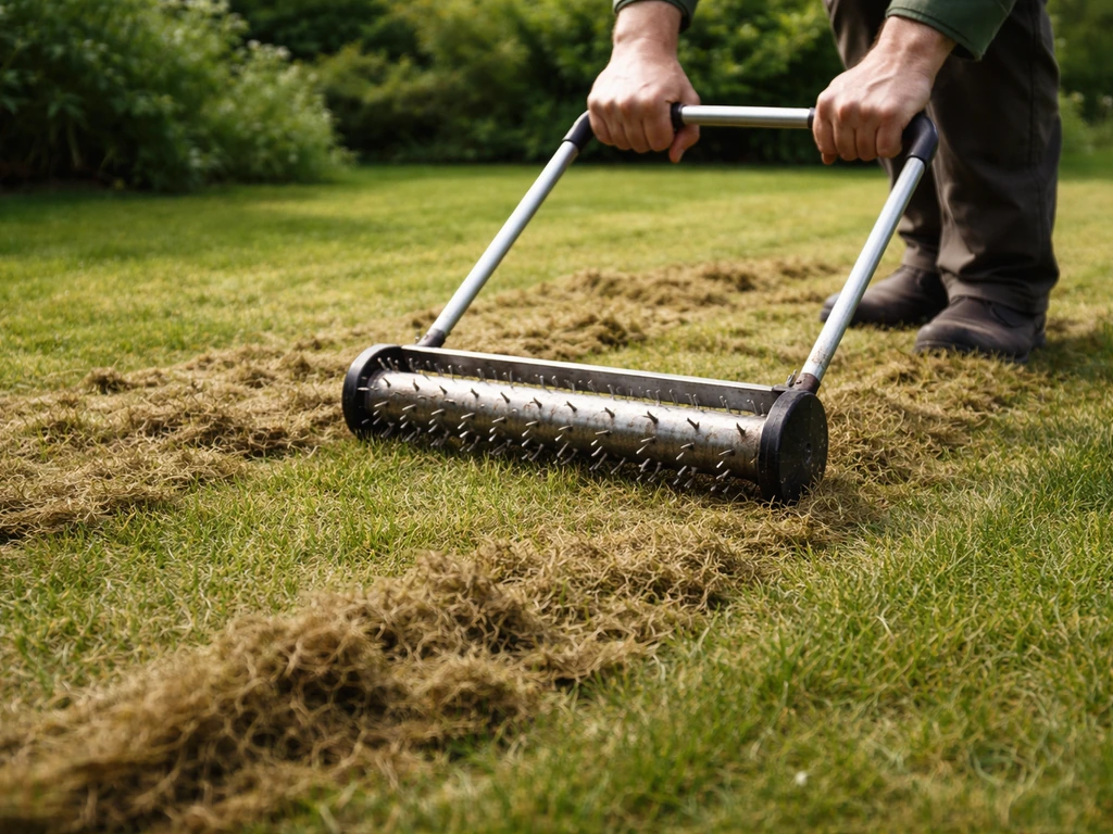 Groen gazon met zichtbare viltlaag en een beluchtingsprikroller in gebruik, net na verticuteren.