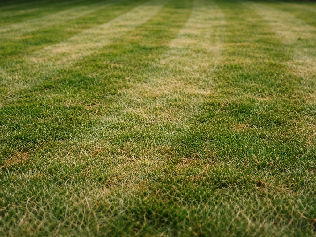 Close-up van gemaaid gazon met bruine en gele strepen en vlekken die ‘tekening gras’ suggereren.