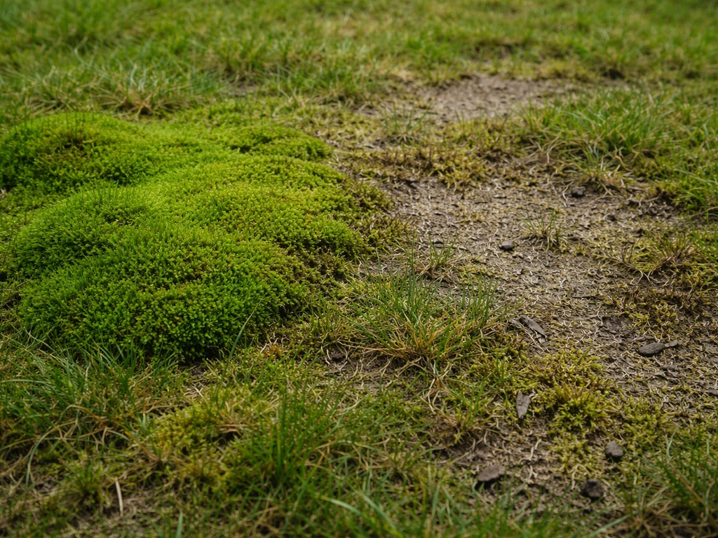 Gazon met zichtbare mosplekken en slappe, verdichte plekken in verschillende groentinten en vochtigheid.