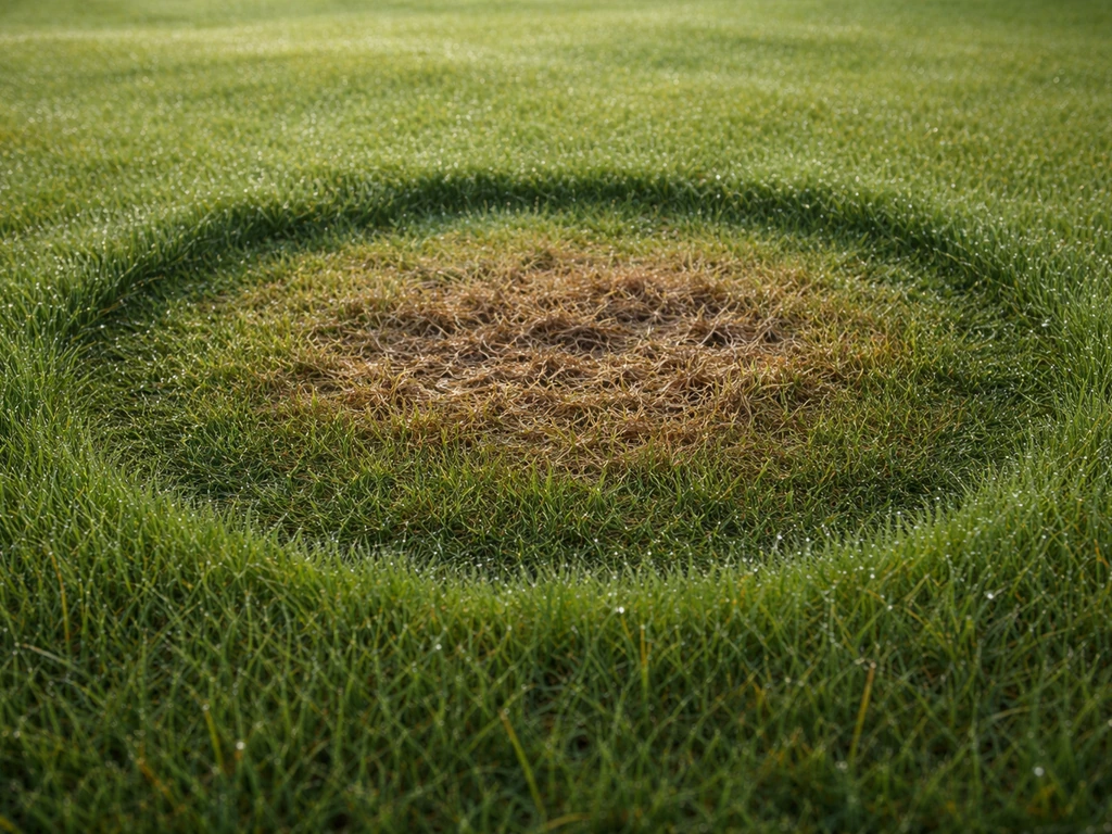 Een gazon met een heksenkriing: donkerdere ronde ring en mogelijk bruin dood gras in het midden.