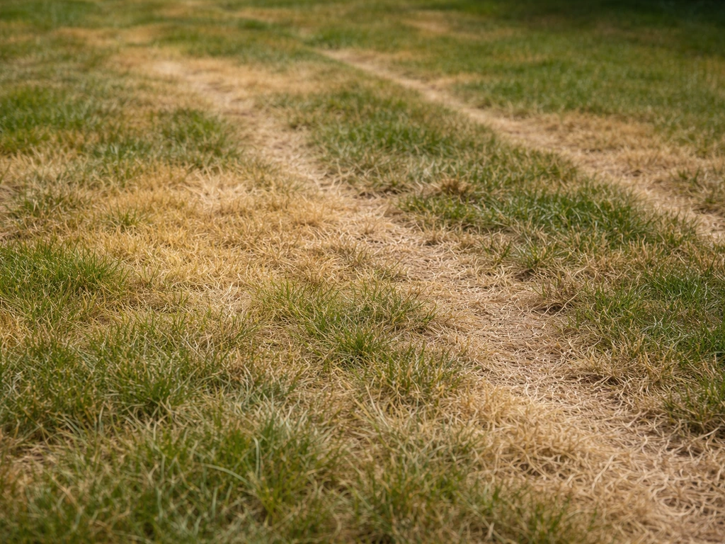 Geel en bruin verdord gras met droge plekken en kale banen in een tuin na zon en waterstress.