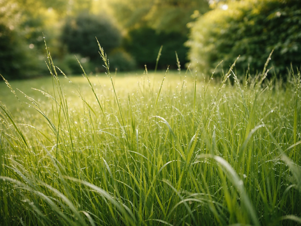 Detail van hoog gras in een tuin tijdens warm weer, met zonlicht en zachte achtergrondonscherpte.