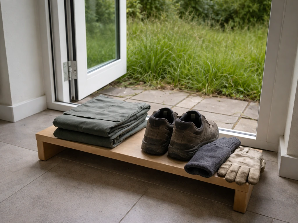Set tuinkleding en gesloten schoenen klaar op een trapje bij de tuindeur, met hoog gras op de achtergrond.