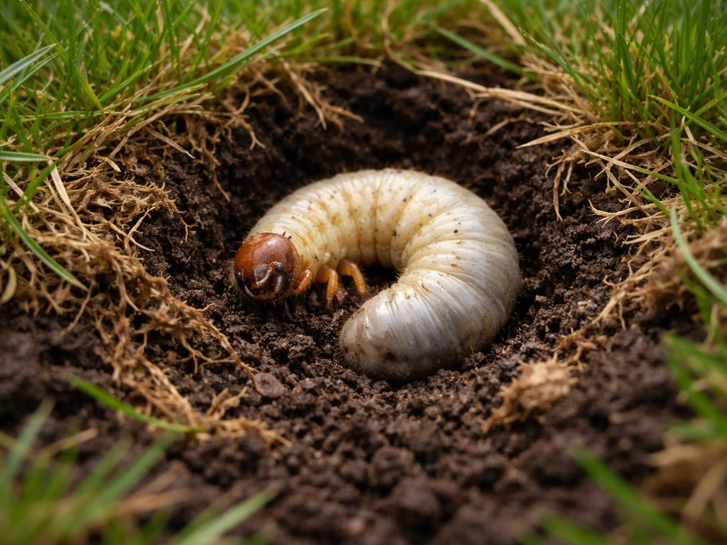C-vormige engerling in de grasmat, met afgeknipte/weggegeten graswortelplek eromheen.