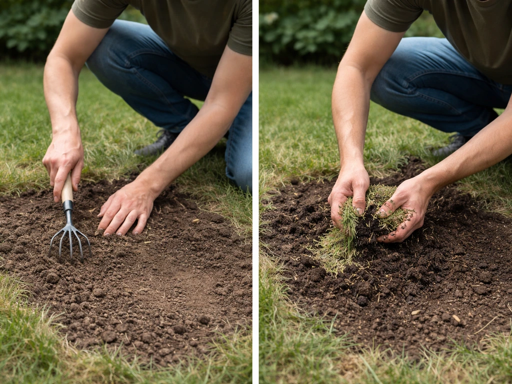 Iemand krabt losse grond af met een hark en werkt daarna grasmaad/compost in om kale plekken te herstellen.