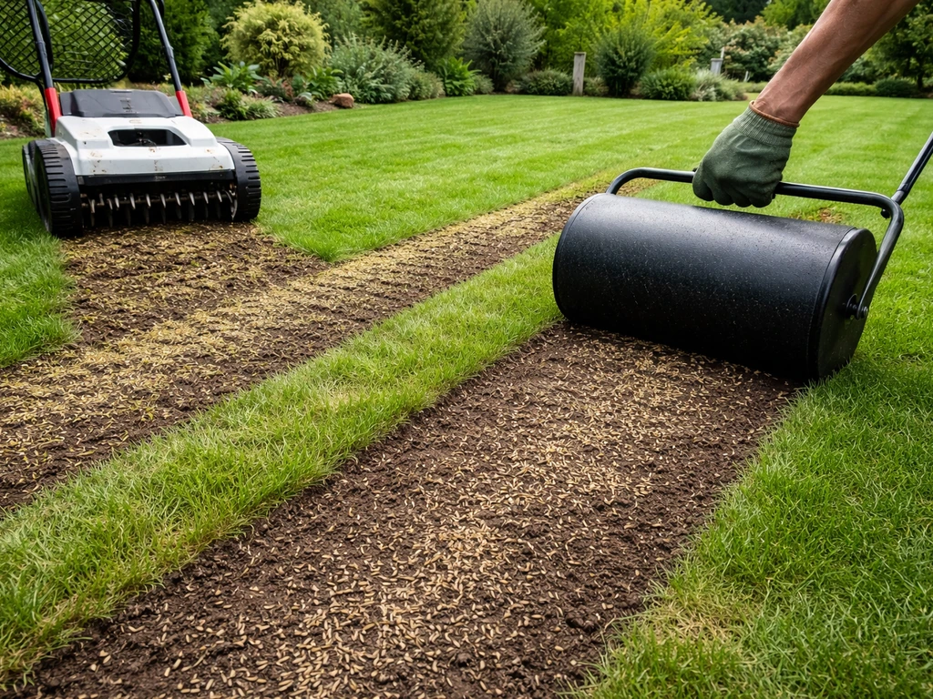 Verticuteren en beluchten op een gazon, gevolgd door herinzaai en aandrukken met een roller.