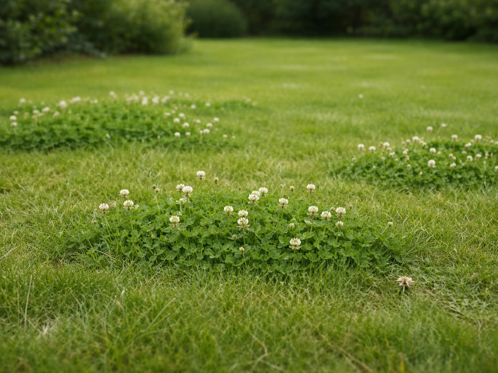 Groen gazon met witte klaverplekken tussen het gras in een Nederlandse tuin