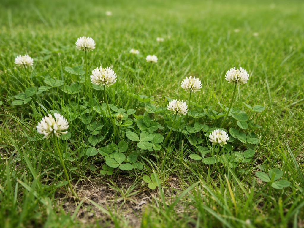 Zijaanzicht van een gazon met witte klaverplekken tussen het gras in een tuin in Nederland.